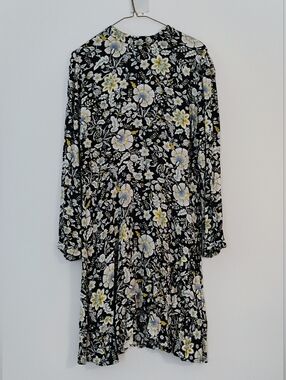 LOFT Black Floral Dress Yellow and Light Blue Blooms Jewell Neckline Back Zip 10